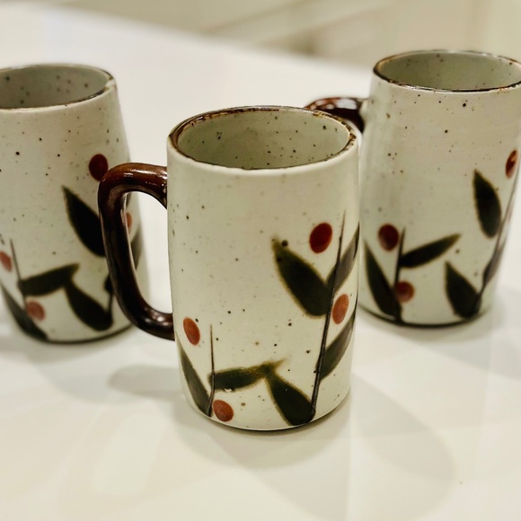 Vintage Set of 3 Studio Pottery Stoneware Mugs Hand-Thrown Botanical Design